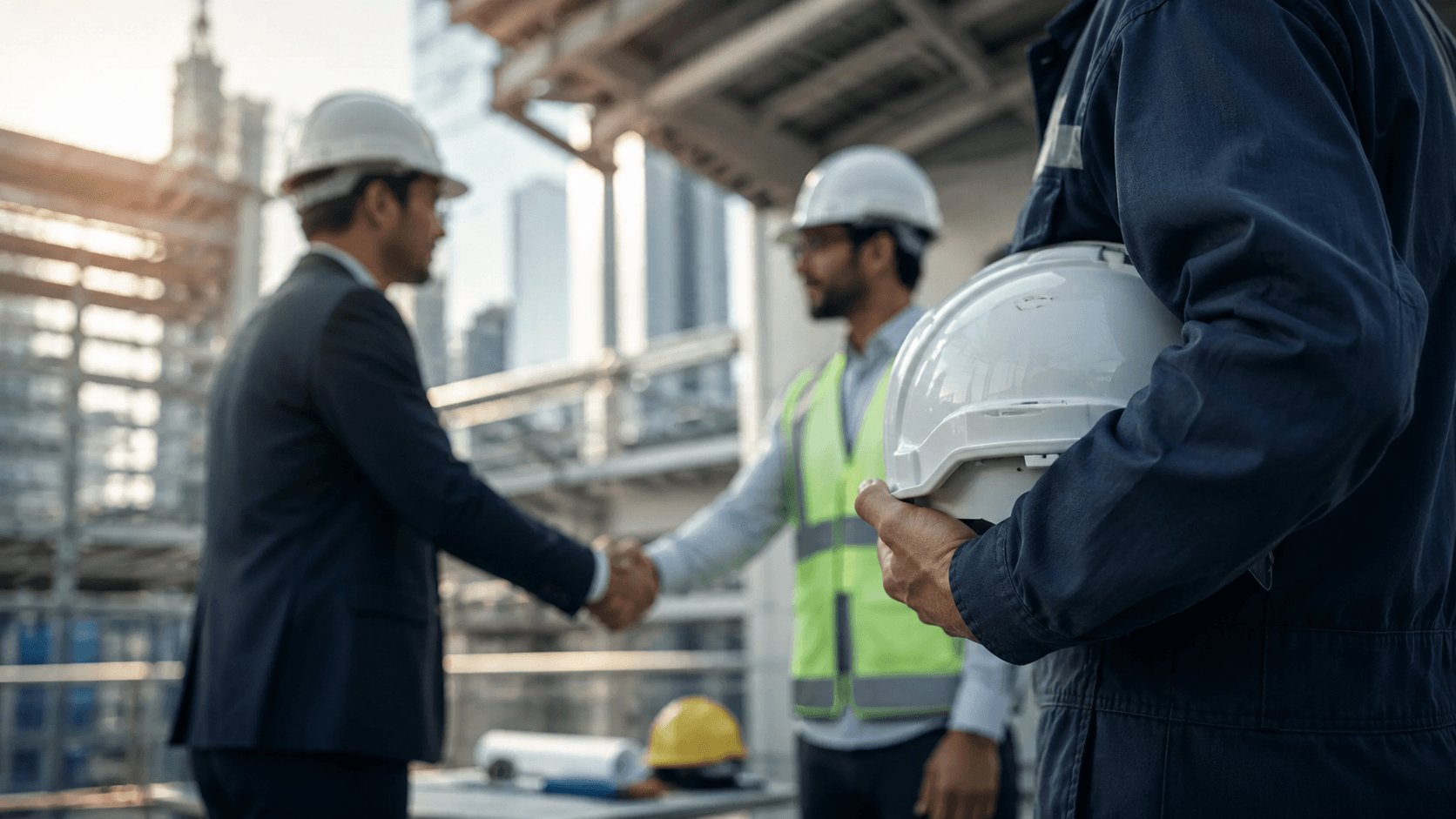 Construction site with workers and cranes